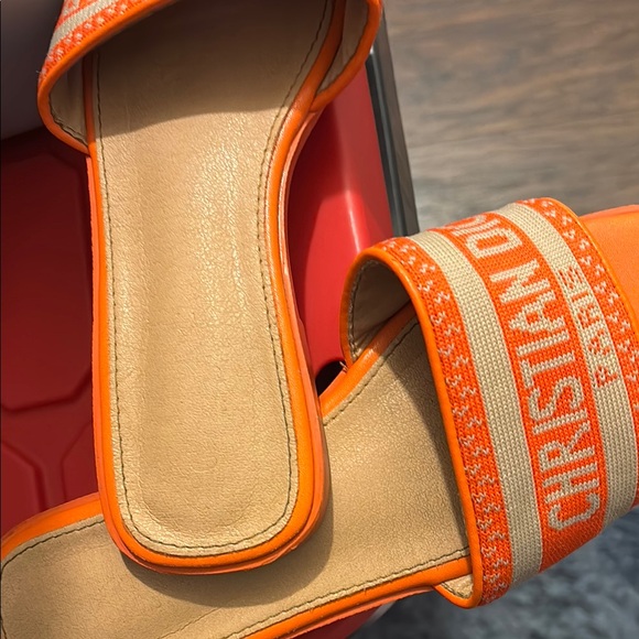 Dior Shoes - Dior Orange Canvas Logo Slide Sandals with Tan Footbed and Orange Trim